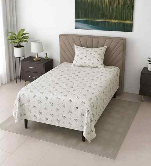 White Floral 290 Tc Cotton Single Bedsheet With 1 Pillow Cover