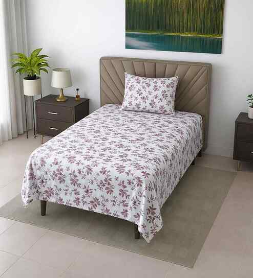 White Floral 290 Tc Cotton Single Bedsheet With 1 Pillow Cover