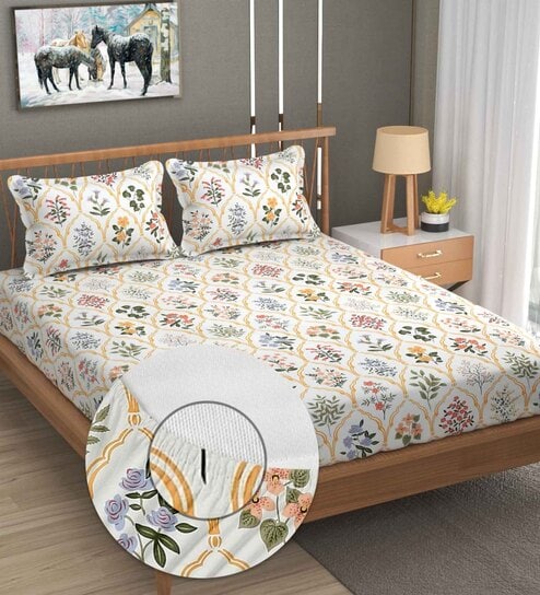 White Floral 310 TC Cotton Blend King Fitted Bedsheet With 2 Pillow Covers