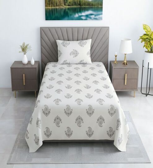 White Floral 330 TC Cotton Single Bed Size Bedsheet With 1 Pillow Cover Monochrome Collection