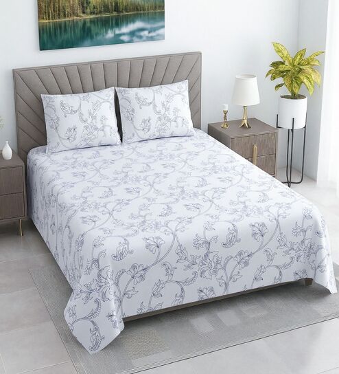 White Floral 330 TC Cotton Superking Size Bedsheet With 2 Pillow Covers