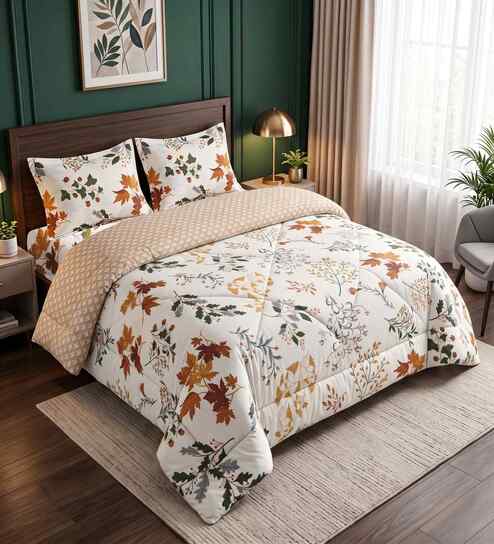 White Floral 4 Pcs Comforter Set With Queen Size Bedsheet With 2 Pillow Covers