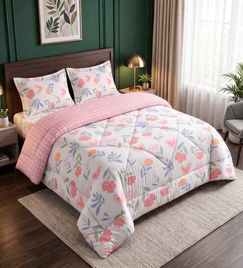 White Floral 4 Pcs Comforter Set With Queen Size Bedsheet With 2 Pillow Covers