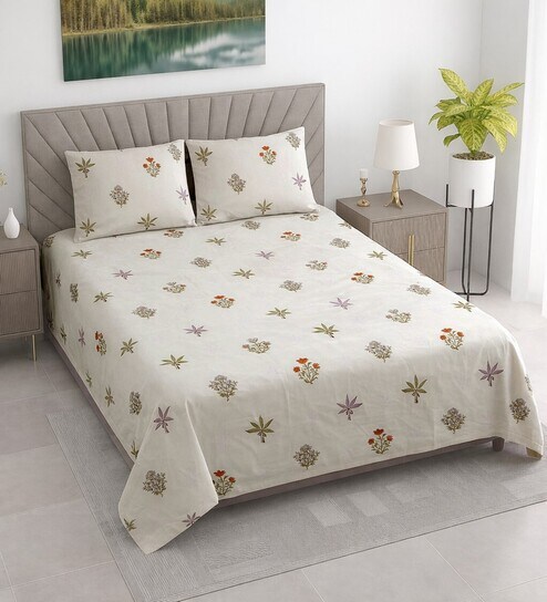 Cream Floral 400 TC Cotton Double Queen Size Bedsheet With 2 Pillow Covers