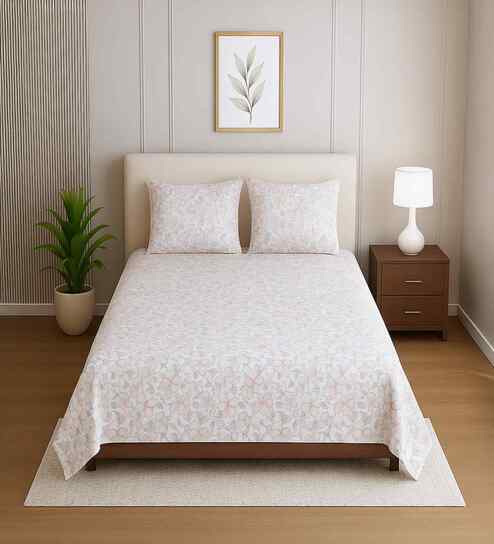 White Floral 400 TC Cotton Single Bed Size Bedsheet wih 2 Pillow cover Essential Series Collection