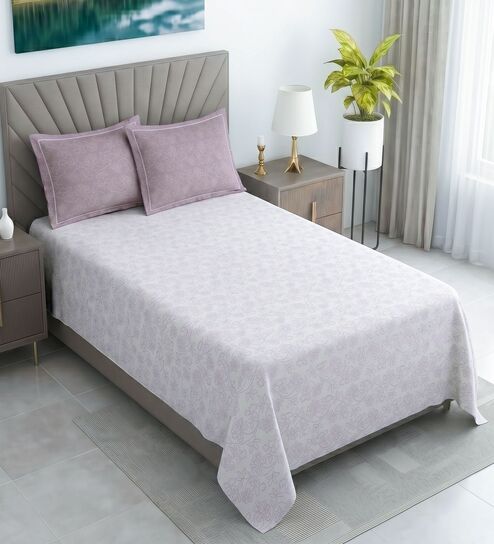 White Floral 400 TC Cotton Single Bed Size Flat Bedsheet With 2 Pillow Covers