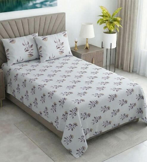 White Floral 400 TC Cotton Single Bed Size Flat Sheet With 2 Pillow Covers