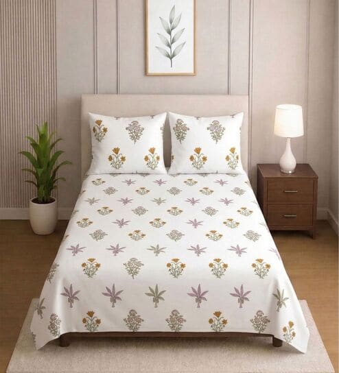 Cream Floral 400 TC Cotton Single Bed Size Flat Sheet With 2 Pillow Covers