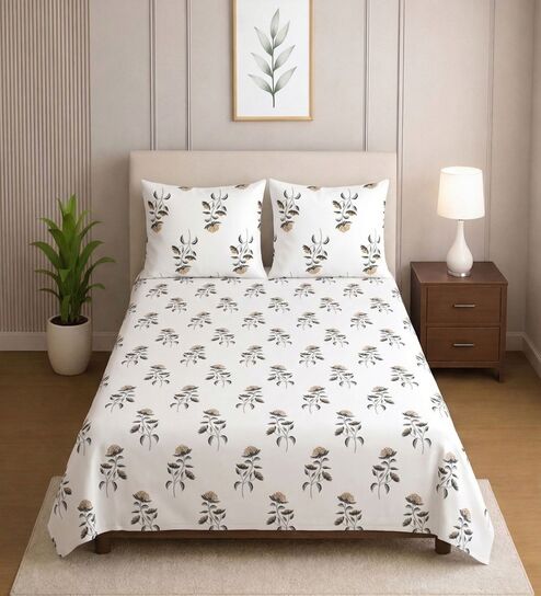 Cream Floral 400 TC Cotton Single Bed Size Flat Sheet With 2 Pillow Covers