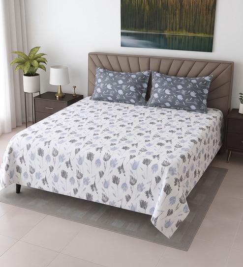 White Floral 400 TC Cotton Super King Bedsheet with 2 Pillow Covers Luxury Series Collection
