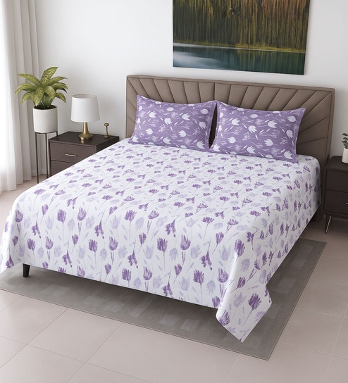 Lavender Floral 400 TC Cotton Super King Bedsheet with 2 Pillow Covers Luxury Series Collection