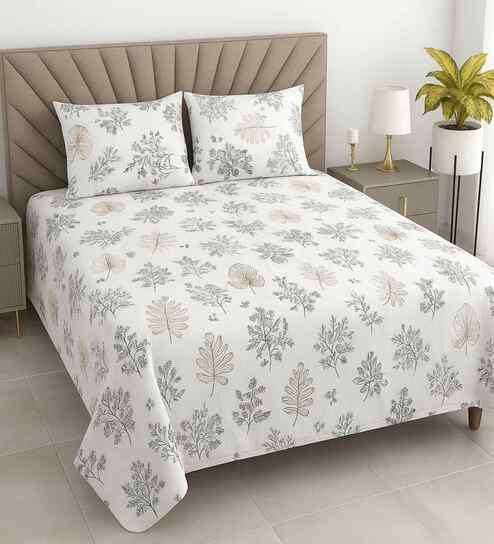 White Floral 400 TC Cotton Super King Flat Bedsheet with 2 Pillow Covers Essential Collection