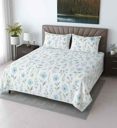 White Floral 400 TC Cotton Super King Size Bedsheet with 2 Pilllow covers Essential Series Collection