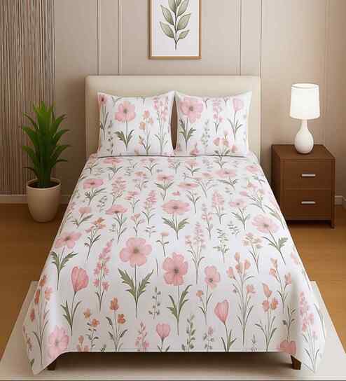 White Floral 400 TC Cotton Super King Size Bedsheet with 2 Pilllow covers Essential Series Collection