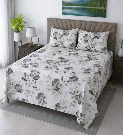 White Floral 400 Tc Cotton Super King Size Bedsheet With 2 Pillow Covers