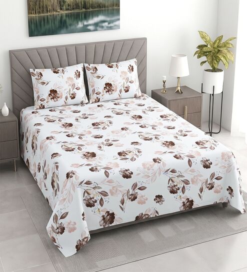 White Floral 400 TC Cotton Superking Size Bedsheet With 2 Pillow Covers Threads Monochrome Collection