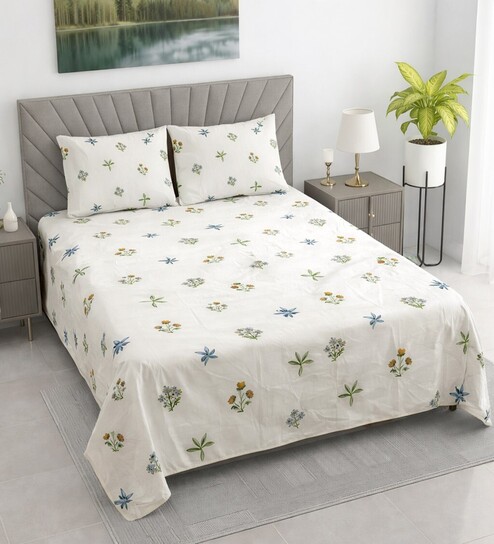 Cream Floral 400 TC Cotton Superking Size Bedsheet With 2 Pillow Covers