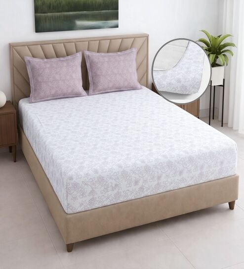 White Floral 400 TC Cotton Superking Size Fitted Bedsheet With 2 Pillow Covers