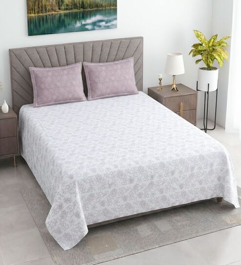 White Floral 400 TC Cotton Superking Size Flat Bedsheet With 2 Pillow Covers