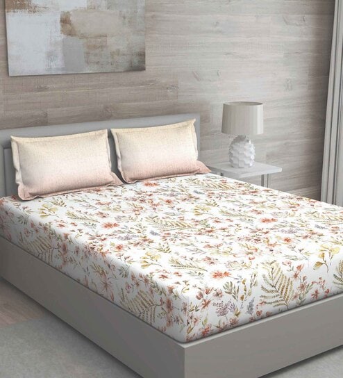 White Floral 150 TC Cotton Queen Sized Bed Sheets with 2 Pillow Covers by GM Fabrics