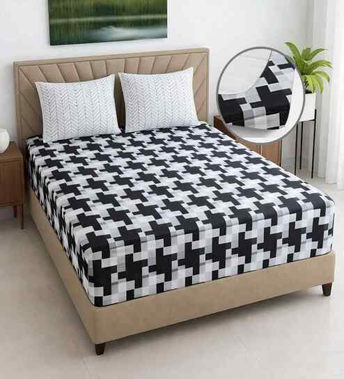 White Geometric 310 TC Cotton King Bedsheet with 2 Pillow Covers by Threads