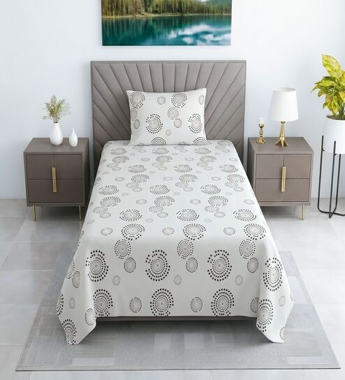 White Geometric 330 TC Cotton Single Bed Size Bedsheet With 1 Pillow Cover Monochrome Collection