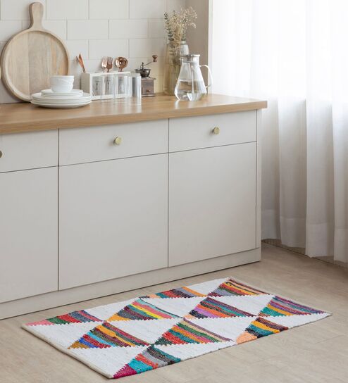 White Geometric Hand Woven 3 Ft X 2 Ft Dhurrie