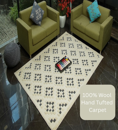 White Geometrical Wool Hand Tufted Carpet