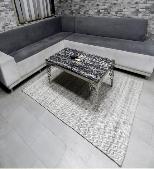 White Geometrical Wool And Silk And Cotton 8X5 Feet Hand Woven Carpet