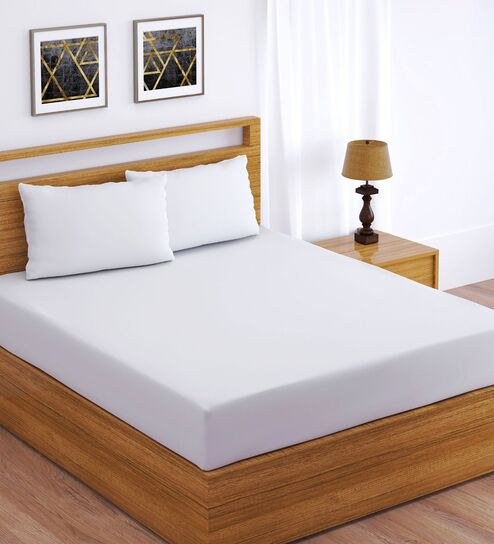 White Glace Cotton Elastic Fitted King Bedsheet With 2 Pillow Covers