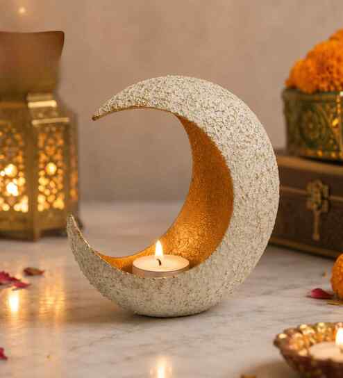 White Grainy & Gold Metal Moon Tealight Holder (Iron)