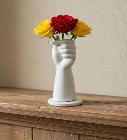 White Hand Flower Pot With White Marble Base