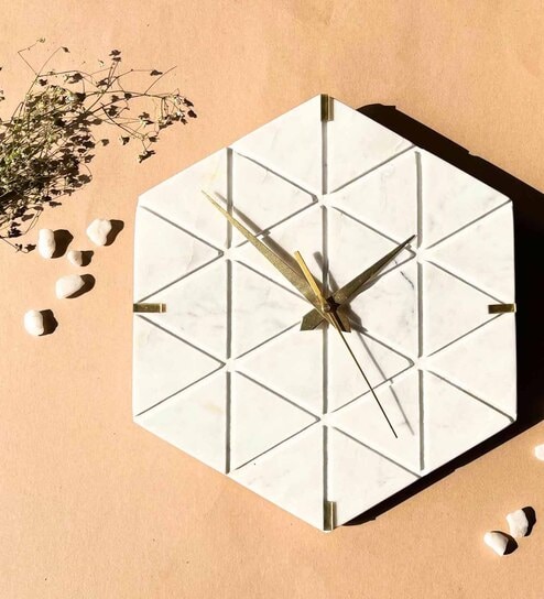 White Hexagon Marble Wall Clock