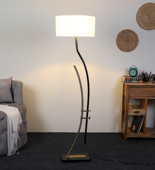 White Iron & Cloth Shade Club Floor Lamp With Iron Base by Sapphire
