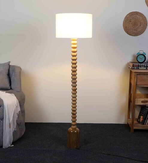 White Iron & Cloth Shade Club Floor Lamp With Wood Base by Sapphire