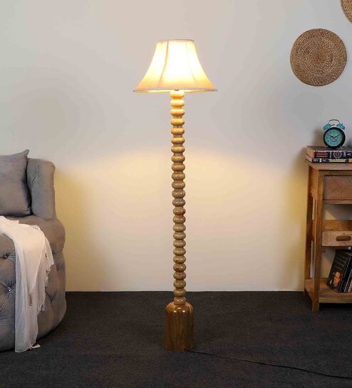 White Iron & Cloth Shade Club Floor Lamp With Wood Base by Sapphire