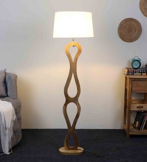 White Iron & Cloth Shade Club Floor Lamp With Wood Base by Sapphire