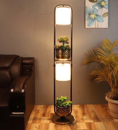 Hubert White Metal and Fabric Shade Shelf Floor Lamp With Metal Base