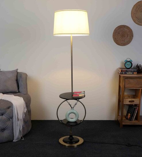 White Iron & Cloth Shade Shelf Floor Lamp With Iron Base