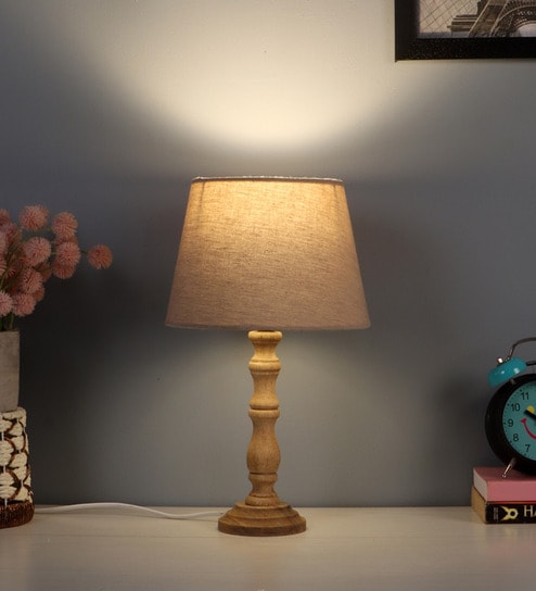 White Iron & Cloth Shade Tablel Lamp with Natural Base by Sapphire