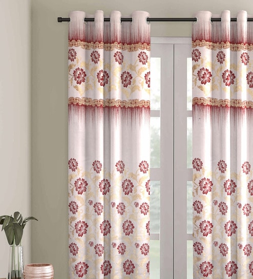 White Jacquard Floral Light Filtering Eyelet 7 Feet Door Curtain