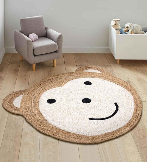 White Jute 3 Ft Round Carpet with Pompoms