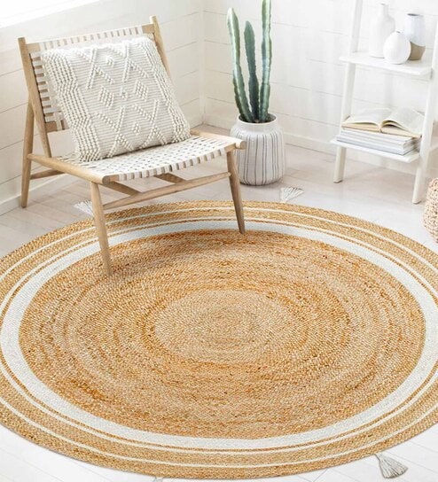White Jute 4 Feet Round Carpet with Pompoms