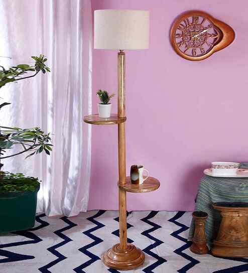 White Jute Drum Wooden Floor Lamp