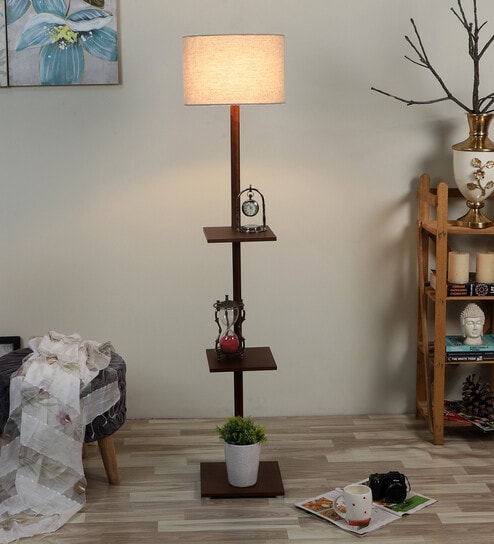 White Jute Shade Shelf Floor Lamp with Walnut Base