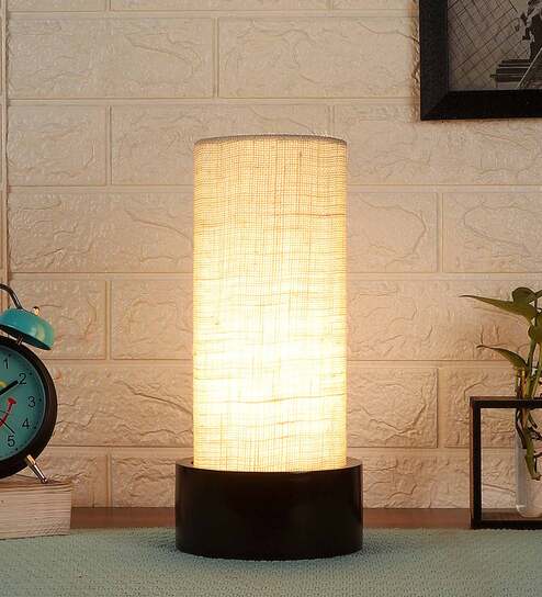 White Jute Shade Table Lamp With Wood Base