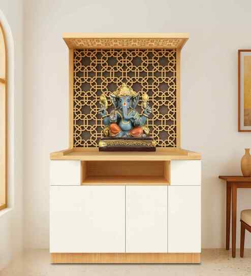 White Keertana Teak Wooden Mandir