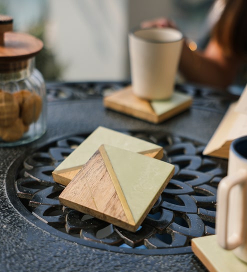 White Mango Wood (Set of 4) Resin & Brass Coasters