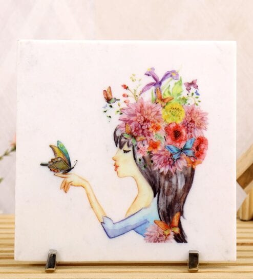 White Marble Girl With Flowers Decorative Plate Showpiece