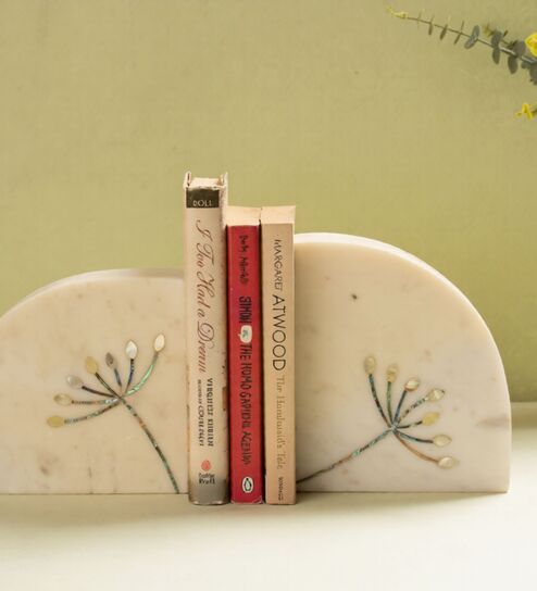 White Marble Mother Of Pearl Inlay Work Bookends